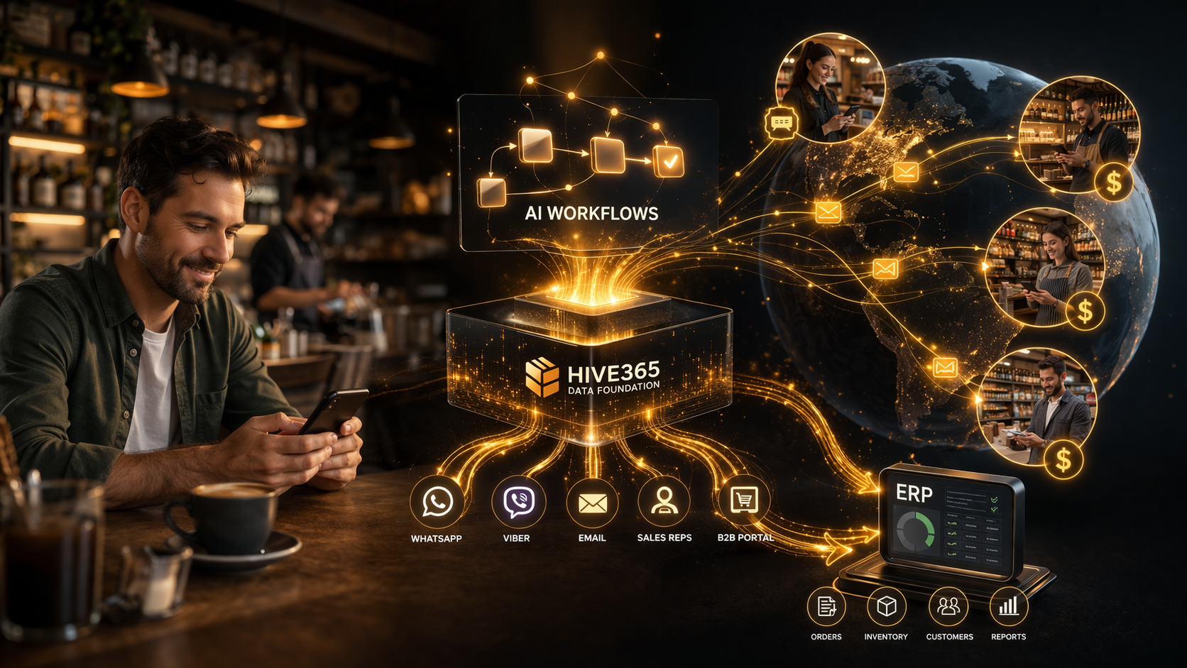 AI workflows connecting customers, sales channels and ERP